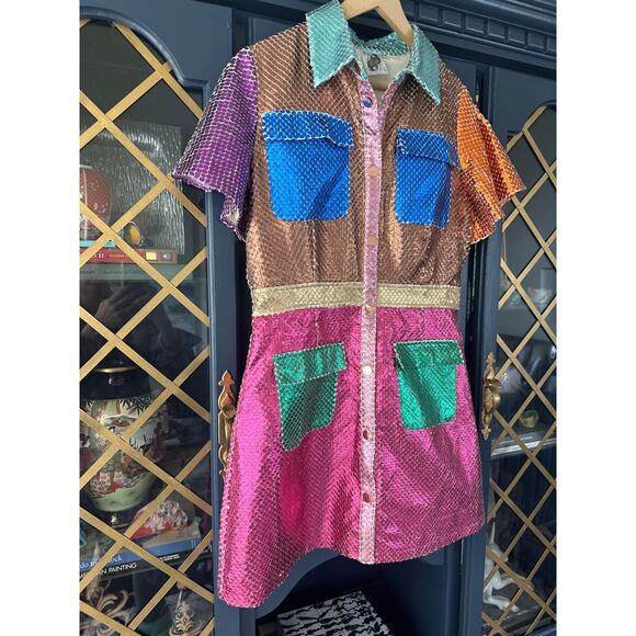 Queen of Sparkles Metallic Colorblock Dress Button Front short sleeve Large - Picture 4 of 12
